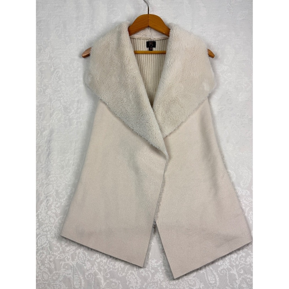 12th Heart Women's L Cream Longline Sweater Vest Faux Fur Collar Open Front Boho
